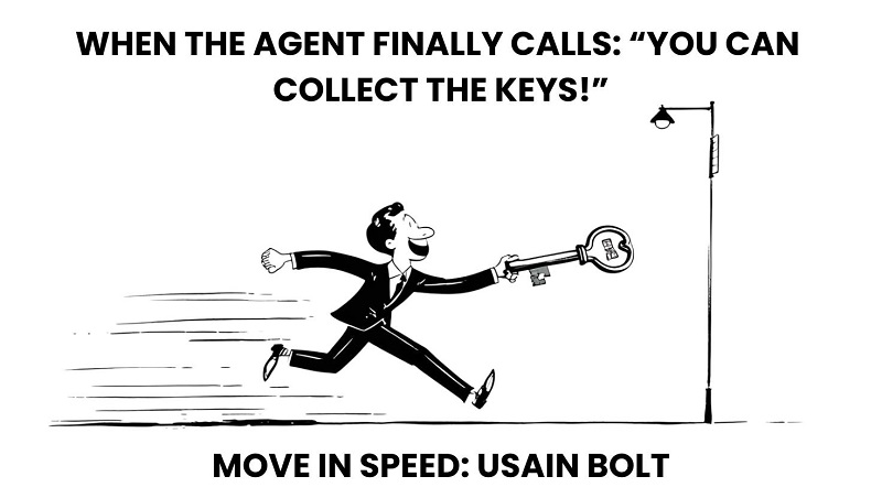 A buyer rushing to move into his new home on completion day